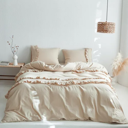 Vista 10 de Simple&Opulence Juego de funda de edredón de algodón de lino con volantes, 3 piezas, ropa de cama con textura suave con bordes decorativos