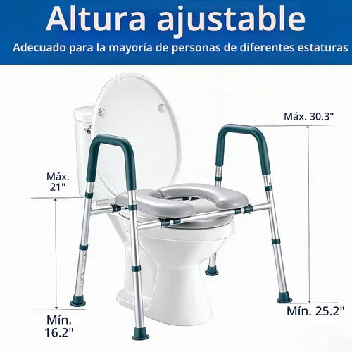 Vista 4 de Asiento de inodoro elevado con asas, elevador de asiento de inodoro elegible para personas mayores con altura y ancho ajustables, asiento de inodoro