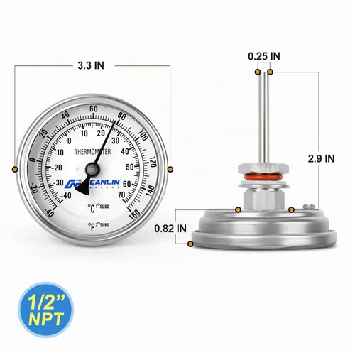 Vista 2 de MEANLIN MEASURE - Termómetro bimetálico de 1/2" NPT, esfera de 3.3", tallo de acero inoxidable de 1-7/8", precisión del 2%, montaje trasero central