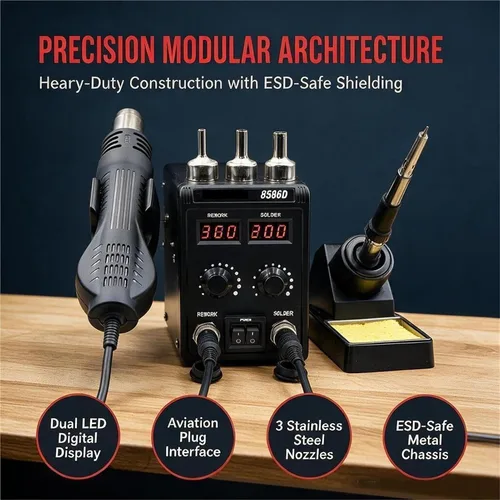 Vista 2 de Soldering Stations, =8586D Soldering Station 2 IN 1 Hot Air Gun Solder With Digital Display,10-Minute Sleep Mode For SMD Rework Tools(8586D KIT2)