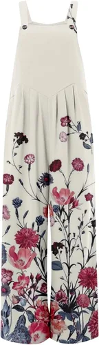 Vista 3 de Overol de algodón holgado para mujer, con estampado floral, bohemio, pierna ancha, con doble bolsillo, holgado, de algodón