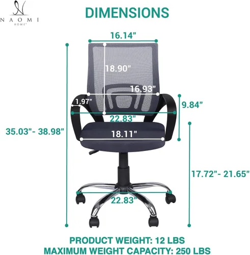 Vista 2 de Naomi Home Silla ergonómica de escritorio para oficina en casa con soporte lumbar ajustable, cómoda silla giratoria giratoria, silla ejecutiva Gris