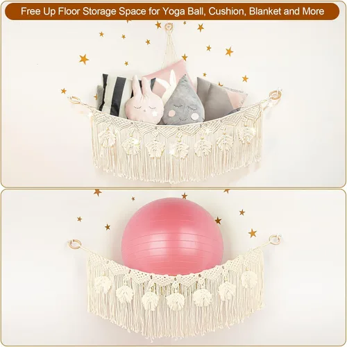 Vista 5 de ANROYE Hamaca de Red de Juguetes de Animales de Peluche de Macramé con Luz de Estrella, Almacenamiento Boho de Peluches Pequeños para Guardería