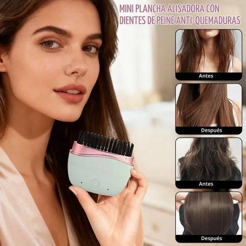 Vista 2 de Mini alisadora, cepillo portátil inalámbrico recargable para alisar el cabello, control de temperatura de 3 velocidades, carcasa antiquemaduras