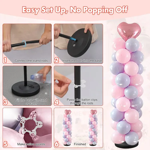Vista 6 de Soporte para globos, juego de 2, 56 pulgadas de altura ajustable, empalme de poste de metal, kit de soporte de arco de columna de globos con base