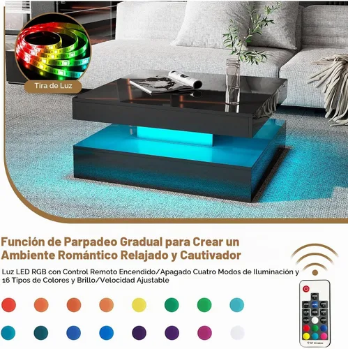 Vista 3 de HedoAjim Mesa de centro LED negra para sala de estar, mesa de sala de estar, mesas centrales cuadradas de 2 niveles, mesas de centro de madera