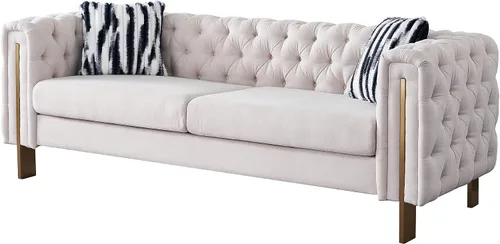 Vista 3 de Sofá/sofá moderno de terciopelo, sofá de sala de estar, sofá tapizado, sofá de dos plazas con patas doradas y 2 cojines para sala de estar Beige