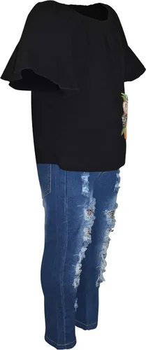 Vista 6 de Unique Baby Conjunto de jeans rasgados de mezclilla con estampado de animales para niñas, Granate