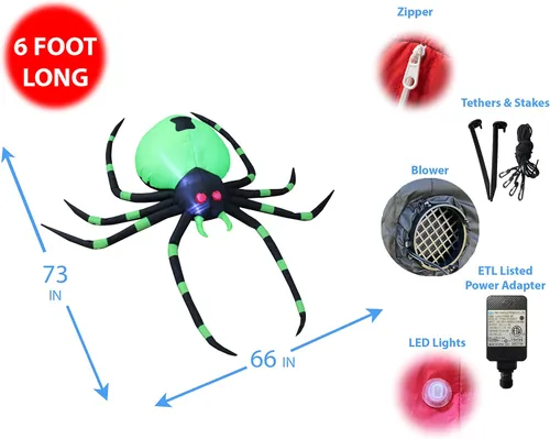 Vista 2 de Luces LED inflables de araña negra y verde de 6 pies de largo para decoración de vacaciones al aire libre e interior, decoración de patio iluminada