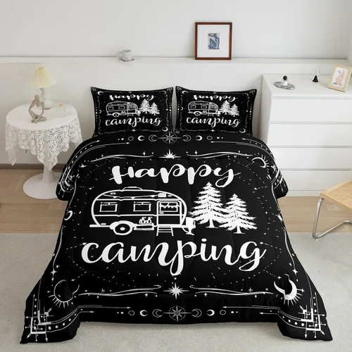 Vista 15 de Erosebridal Juego de edredón de cabaña de cabaña, juego de ropa de cama individual para niños, edredón de campamento con temática de campamento
