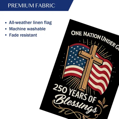 Vista 4 de Blessings America Bandera de Jardín 250, Una Nación Bajo Dios, Diseño de Cruz Patriótica del 250º Aniversario de EE.UU., Arpillera de Doble Cara, 12