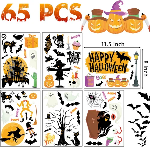 Vista 3 de Decoración de Halloween para decoración de Halloween, 6 hojas de cuervos de doble cara, murciélagos, arañas, fantasmas, calcomanías de vidrio