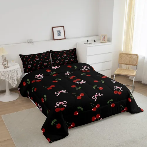 Vista 3 de Feelyou Juego de ropa de cama con lazos bonitos y cerezos, tamaño individual, para niños, juego de edredón con lazos de acuarela para niños, niñas