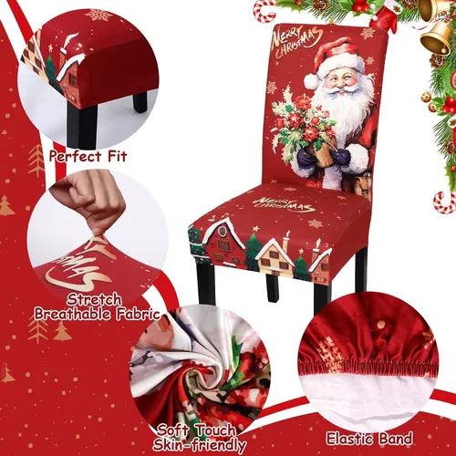 Vista 5 de Weldomcor Juego de 6 fundas elásticas para sillas de comedor de Navidad, fundas protectoras rojas para asiento de cocina, decoraciones de elastano