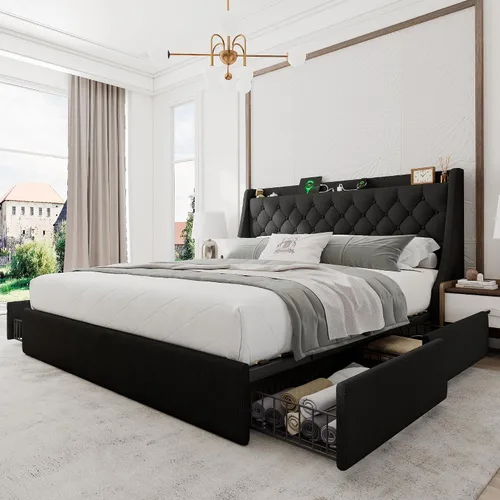Vista 10 de Einhomn Base de cama tapizada de tamaño completo con 4 cajones de almacenamiento, cama de plataforma con cabecera con respaldo de ala, estación