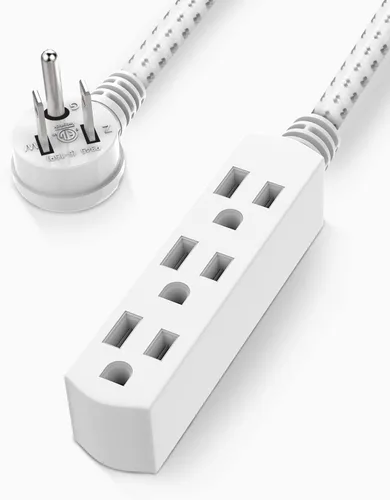 Vista 7 de PLUGTUL - Cable de extensión de enchufe plano de 1.5 pies Cable de extensión trenzado negro de 3 salidas, cable de conexión a tierra de calibre