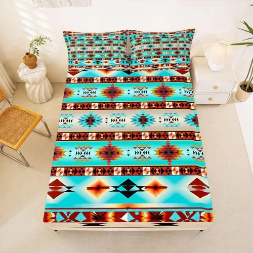 Vista 32 de Juego de ropa de cama de estilo bohemio occidental, tamaño individual, diseño de vaca atrapasueños, sábana bajera ajustable del suroeste, tribu