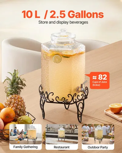 Vista 2 de VEVOR Dispensador de bebidas, dispensador de bebidas de 2.5 galones para fiestas, dispensador de jugo de vidrio con soporte de metal, grifo de acero