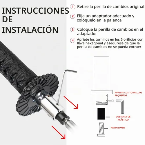 Vista 5 de Pomo de palanca de cambios estilo Katana, espada Samurái, universal para autos manuales con adaptadores, negro (26 cm)