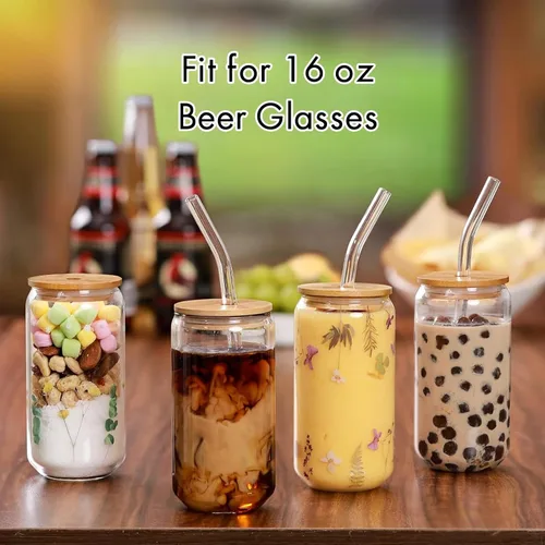 Vista 4 de Tapas de bambú para vasos de vidrio, tapas de madera para latas de cerveza de 16 oz con agujero para pajilla, cubierta de repuesto para tarros Mason