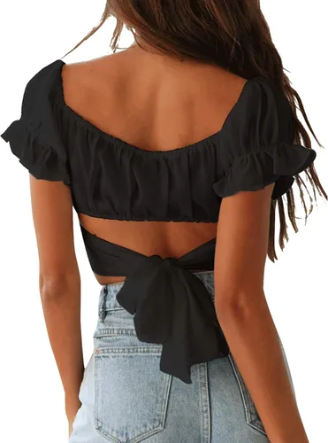 Vista 2 de LYANER - Blusa ombliguera para mujer de manga corta con volantes, nudo en la espalda y hombros descubiertos, blusa estilo Bardot