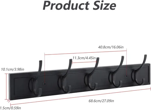 Vista 7 de HOME MASTER HARDWARE Perchero de pared negro, ganchos de pared de MDF para colgar abrigos, estante decorativo para sombreros de 27" para pared con 5