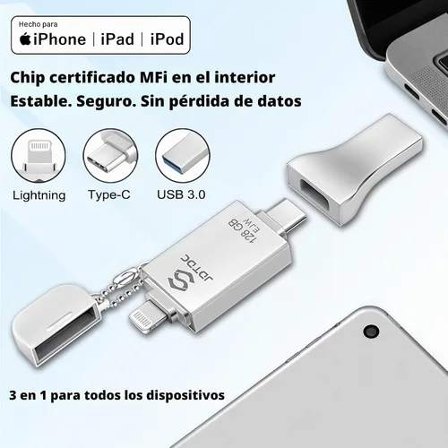 Vista 3 de Palo de fotos genuino de 128 GB con certificación MFi de Apple para iPhone 17/16/15/14-3 en 1 USB C Flash Drive y Memory Stick - Almacenamiento