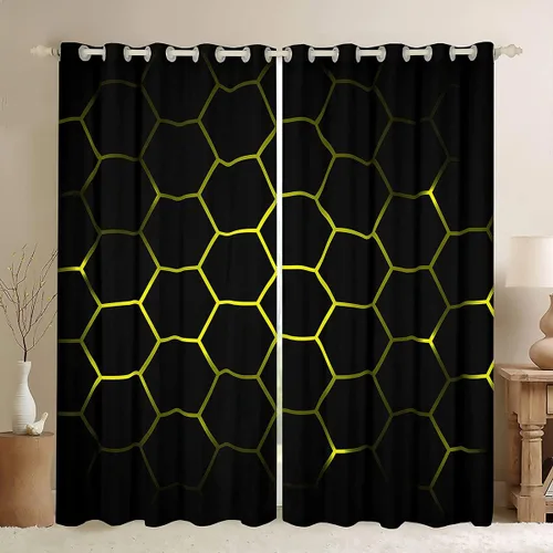 Vista 19 de Feelyou - Cortinas de ventana en forma de panal, tema geométrico hexagonal con luces de neón verdes, para chicos adolescentes y hombres, elegante