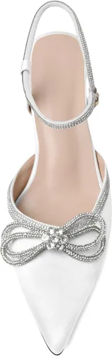 Vista 3 de Joseywade Tacones de lazo con diamantes de imitación para mujer, tacón bajo puntiagudo, correa de tobillo ajustable, zapatos de fiesta nupcial