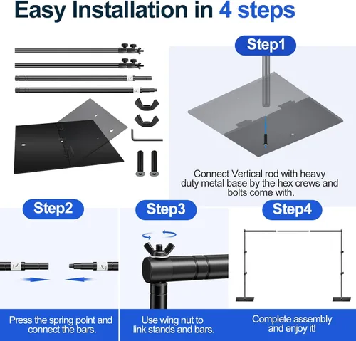 Vista 7 de Soporte para Telón de Fondo EMART, 6.5 x 10 pies, Ajustable, Kit de Tubo y Telón para Fotografía con Base Plana de Metal Resistente para Fiestas