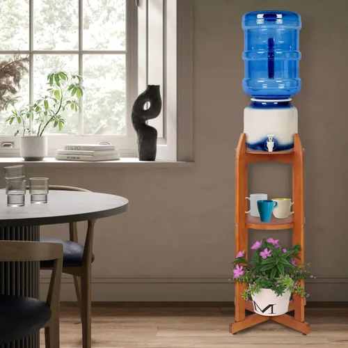 Vista 5 de Dispensador de agua de madera maciza natural (32.8 pulgadas de alto - 11.2 pulgadas de ancho) dispensador de bebidas con 2 estantes redondos