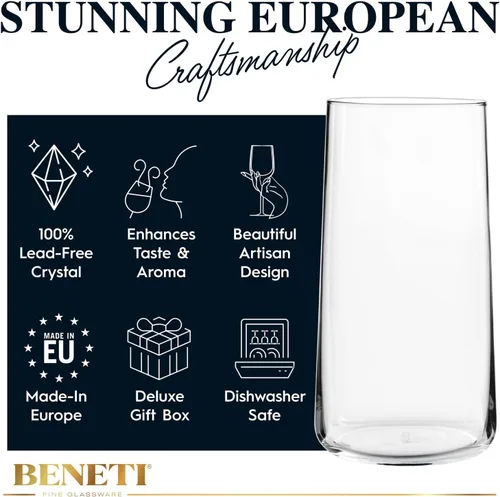 Vista 7 de BENETI Juego de 4 vasos de cristal modernos, vasos altos altos para beber, fabricados en Europa, cristalería de cocina para agua y jugo (18 unidades)