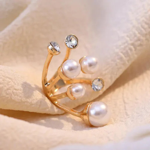 Vista 7 de Cicod Anillo de perlas vintage, apilables, anillos de perlas ajustables, anillo de dedo completo de perlas abiertas, joyería de moda para mujeres