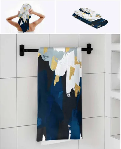 Vista 7 de Juegos de toallas abstractas azul marino para baño, cocina, playa, pelo, mano, yoga, toallas y paños de cocina, geométricos modernos de color blanco