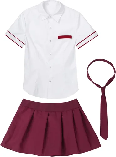 Vista 5 de FEESHOW Conjunto de uniforme para mujer, disfraz de cosplay con falda a cuadros Borgoña
