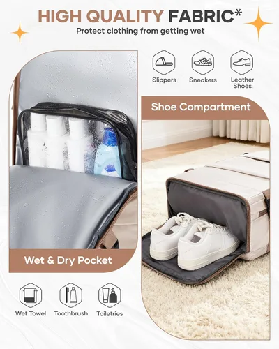 Vista 6 de Mochila de viaje grande, bolsa de mano, aprobada para aviones, para artículos personales, para hombre o mujer, color beige con marrón