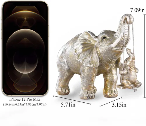 Vista 2 de BRASSTAR Estatua de elefantes de plata de resina bebé elefante sentado en columpio figura traer suerte felicidad riqueza decoración del hogar 7.1