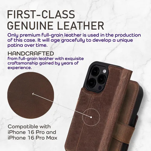 Vista 62 de Bayelon Funda tipo cartera para iPhone 15 Pro, cartera de cuero de grano completo, funda magnética desmontable, tarjetero, funda tipo cartera