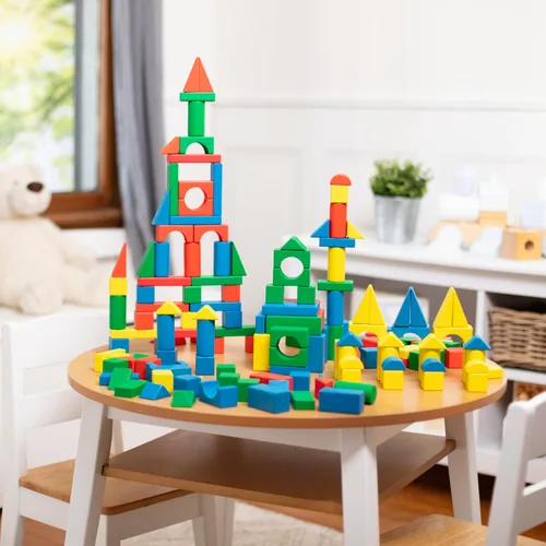 Vista 9 de Melissa & Doug Juego de bloques de construcción de madera, 200 bloques en 4 colores y 9 formas
