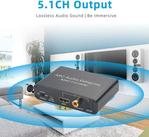 Vista 8 de Convertidor DAC de 192 KHz, convertidor de audio multifunción, adaptador de extractor de audio HDMI ARC, entrada Toslink (óptica) o coaxial o HDMI