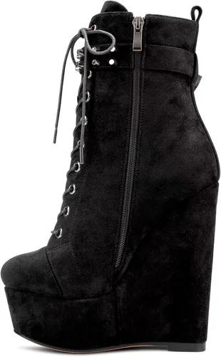 Vista 3 de HDEUOLM Botas de tobillo con tacón de plataforma de cuña alta para mujer, botines cortos con cordones y cremallera Negro