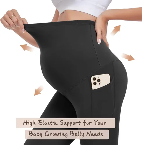 Vista 2 de FULLSOFT Paquete de 3 leggings de maternidad para mujer, cintura alta, entrenamiento, embarazo, pantalones de yoga con bolsillos