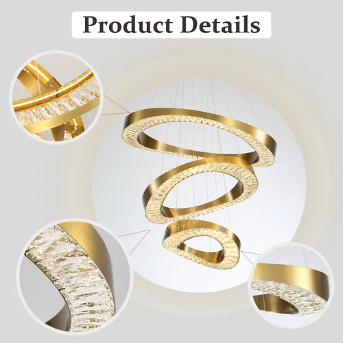 Vista 5 de Flashing God Lámpara de Araña Grande para Techo Alto, Lámpara de Araña de Cristal Moderna de 5 Anillos para Entrada, Accesorios de Iluminación