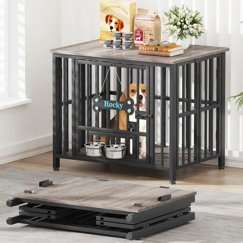 Vista 9 de Easycom 104 cm mueble de jaula para perros plegable, sin ensamblaje perrera decorativa para interior, jaulas para perros grandes (15.9-27.2 kg)