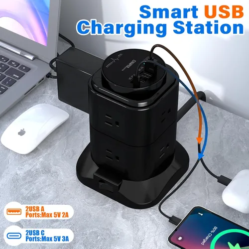 Vista 2 de cable de extensión con temporizador USB, 8 salidas de CA con 4 puertos USB (2 USB C), protector de sobretensiones 1200J de 6.56 pies, cable