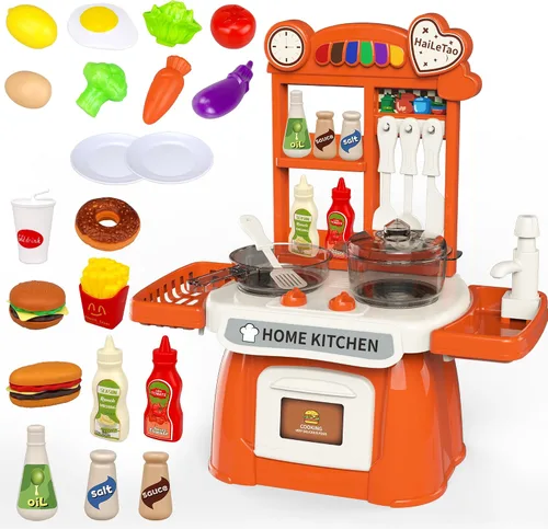 Vista 8 de Juego de cocina para niños pequeños con sonido y luz, juego de comida de cocina de simulación, juego de cocina para niños, fregadero de juego