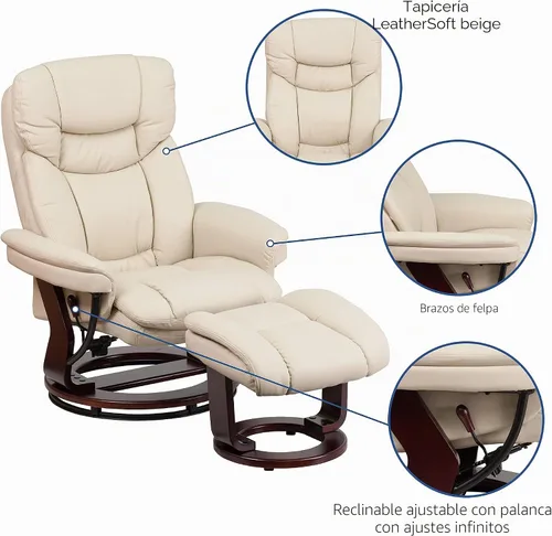 Vista 7 de Sillón reclinable y taburete de piel beige con base giratoria de madera caoba de Flash Furniture, Cuero, Beige Ajuste de palanca, reposabrazos