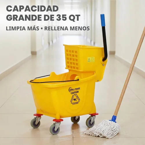 Vista 3 de SIMPLI-Magic Combo de cubo de fregona comercial sobre ruedas, paquete de 2, 35 cuartos de galón, amarillo, incluye letrero de precaución para suelo