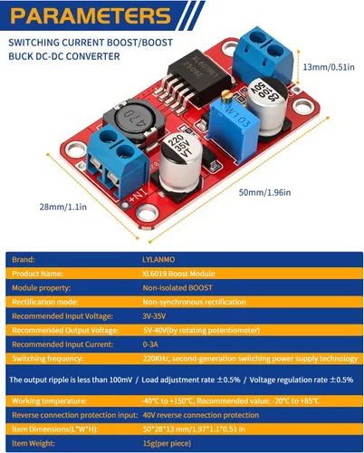 Vista 4 de Módulo convertidor de Buck elevador XL6019 3A DC-DC regulador de voltaje ajustable 3.0-35V entrada a 5.0-40V módulo de impulso de salida
