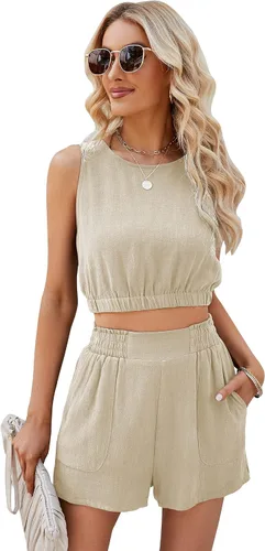 Vista 2 de Conjunto de dos piezas de lino para mujer, conjunto de 2 piezas sin mangas para verano
